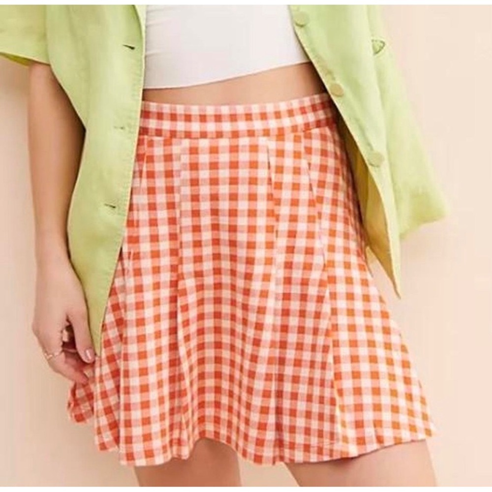 Free People Honey Pleated Gingham Mini Skirt Orange White Check Size 6